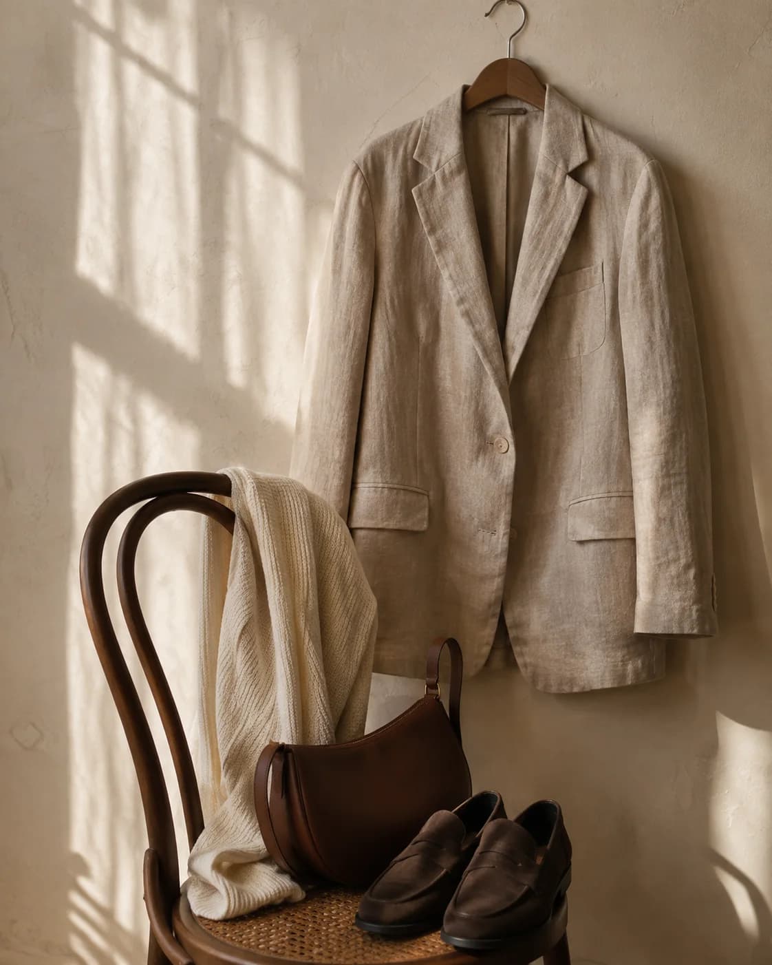 Un blazer in lino, una borsa color cognac e mocassini in un atelier luminoso